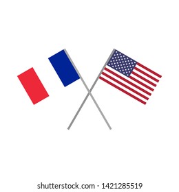 Vector illustration of the french flag and the american (USA) flag crossing each other representing the concept of cooperation