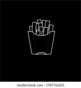 Vector illustration of french fries in box with white contour isolated on black background. Fast food logo, junk food pictogram, frites icon. 