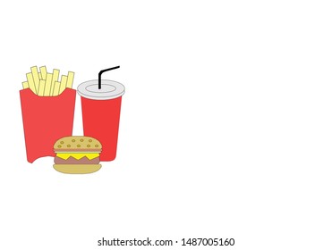 Vector illustration of french fries, carbonate soft drink and burger on white background