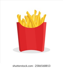 Vector illustration of french fries in cartoon flat style. French Fries potato fast food in Red Carton Package Box Isolated on White background. Delicious fast food on the white background