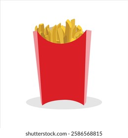 Vector illustration of french fries in cartoon flat style. French Fries potato fast food in Red Carton Package Box Isolated on White background. Delicious fast food on the white background