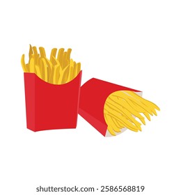 Vector illustration of french fries in cartoon flat style. French Fries potato fast food in Red Carton Package Box Isolated on White background. Delicious fast food on the white background