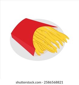 Vector illustration of french fries in cartoon flat style. French Fries potato fast food in Red Carton Package Box Isolated on White background. Delicious fast food on the white background