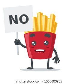 vector illustration of French fries character or mascot, cute and adorable, bring a sign that says no