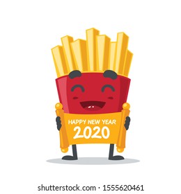vector illustration of French fries character or mascot, cute and adorable, bring scroll says happy new year 2020.