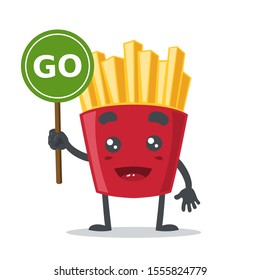 vector illustration of French fries character or mascot, cute and adorable, holding sign.