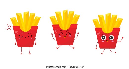 Vector illustration of french fries character with funny expression, collection, potato isolated on white background, simple minimal style, for mascot or emoticon collection