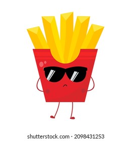 Vector illustration of french fries character with funny expression, cool with sunglasses, potato isolated on white background, simple minimal style, for mascot or emoticon collection