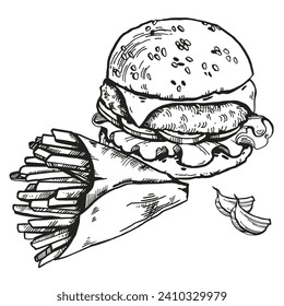 vector illustration of French fries in craft paper and burger, garlic, hand drawn sketch of fast food, black and white ink food illustration isolated on white background