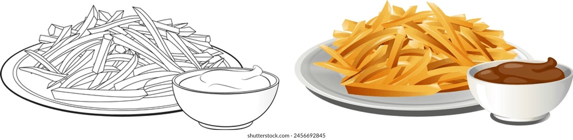 Vector illustration of French fries and dipping sauces.