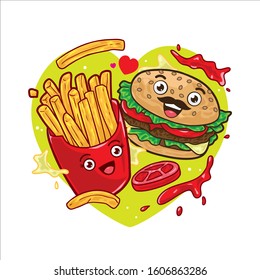 vector illustration of french fries and hamburger. food couple. best meal.