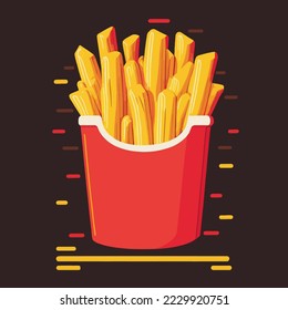 Vector illustration of French fries in a paper pack, Unhealthy food. Sticker in cartoon style for Logo Badge, Poster