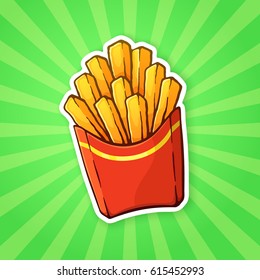 Vector illustration. French fries in a paper red pack on a background with rays. Unhealthy food. Sticker in cartoon style with contour. For patches, prints for clothes, badges, posters, emblems, menus