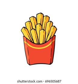 Vector illustration. French fries in a paper red pack. Fried potatoes. Image in cartoon style with contour. Unhealthy food. Isolated on white background