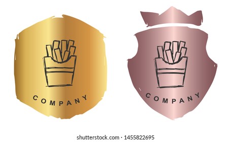 Vector Illustration of French Fries with Rose Gold and Gold Banner or Background. Graphic Design for Logo and T-shirt.