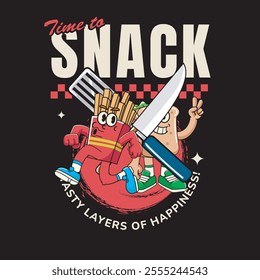 Vector Illustration of French Fries and Sandwich Mascot with Knife and Spatula in Retro Mascot Illustration Available for Tshirt Design