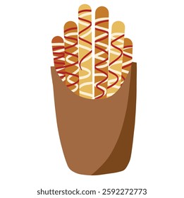 Vector illustration of French fries served in a paper bag. A delicious and crispy snack, often enjoyed with ketchup and mayonnaise.

