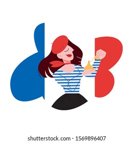 Vector illustration of French girl. Woman wearing beret against France flag with parfume. Representation of nationality and culture. Vector illustration in flat style