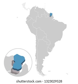Vector illustration of French Guiana in blue on the grey model of South America map with zooming replica of country