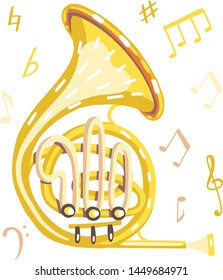 Vector illustration of a french horn. Classical musical instruments. Warm colors