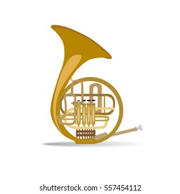 Vector illustration of french horn isolated on white background. Wind brass musical instrument, flat style design.