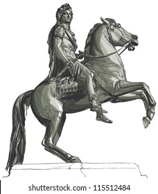 Vector illustration of French king Louis XIV equestrian statue at Place des Victoires, Paris