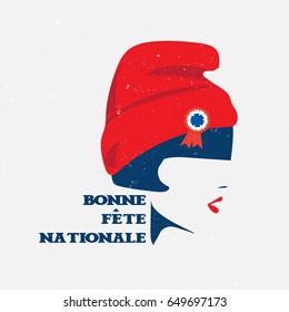 Vector illustration for the French National Day also known as Bastille Day or 14th of July. Marianne, symbol of France and text in French "Happy National Day". Made in a vintage grunge poster style.