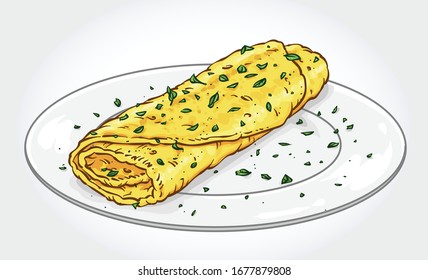 Vector illustration of a French omelette on a white plate.