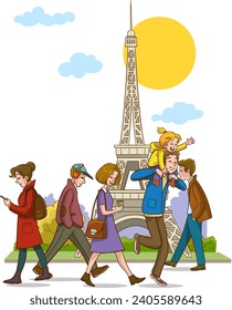 vector illustration of french people walking in the street
