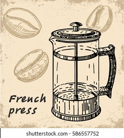 Vector illustration of french press. French press coffee, coffee beans on a white background vector illustration. Design elements, perfect for coffee shops and cafes.