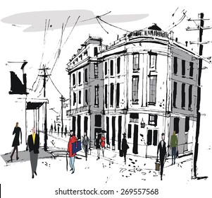 Vector illustration of French style old buildings, and pedestrians.