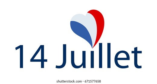 Vector illustration of french text phrase '14 Juillet' with heart shaped french flag as dot on the i on white background, landscape format.