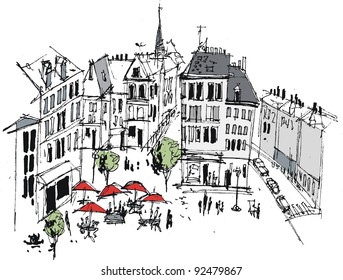 Vector illustration of French town with buildings and cafe people