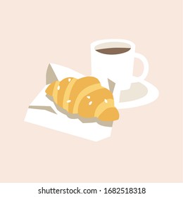 Vector illustration french traditional breakfast - cup of coffee and croissant. Delicious lunch