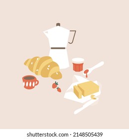 Vector illustration french traditional breakfast - cup of coffee and croissant with jam and butter. Delicious lunch