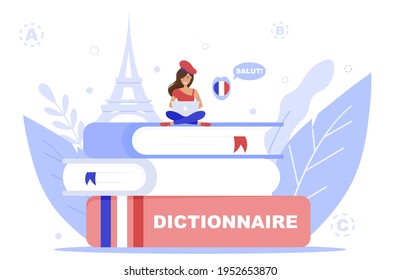 Vector illustration of French tutor. Online education. Online courses. Online studying. French language. Salut. Hello. Dictionnaire. Dictionary. French school. Girl is studying online.