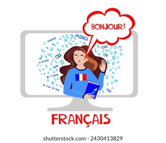 Vector illustration of French tutor. Online education, courses. Native speaker. French language. Salut. Hello. Dictionnaire. Dictionary. French school. Student. Girl studying online. White background