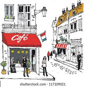 Vector illustration of French village street scene with cafe and people.