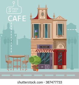 Vector Illustration Of French Village Street Scene With Cafe