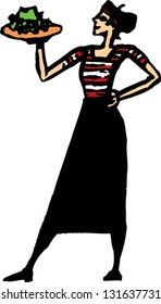 Vector illustration of French waitress bringing salad