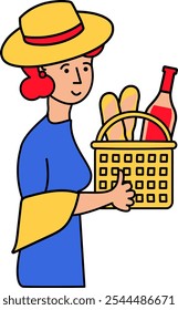 Ilustración vectorial de una mujer francesa caminando con una canasta de comida en estilo de dibujos animados. Una exquisita cultura del vino, el festival del vino y del pan en Francia, catas, técnicas de vinificación