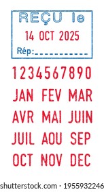 Vector illustration of The French word Recu (Received) in blue ink stamp and editable French dates (day, month and year) in red ink stamps