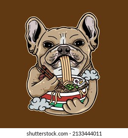 Vector Illustration of frenchie french bulldog cartoon eat ramen noodle with vintage retro japanese in isolated background. Good for logo, mascot, badge, emblem, banner, poster, flyer, social media