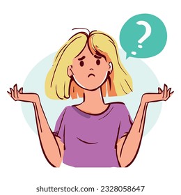 Vector illustration of frequently asked questions. Confused girl. Girl have some questions. Dialog. Question form.