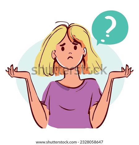Vector illustration of frequently asked questions. Confused girl. Girl have some questions. Dialog. Question form.