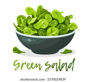 Vector illustration of a fresh and appealing leafy green salad in a dark bowl isolated on white background, healthy eating and various culinary concept theme. Vibrant green leaves with freshness