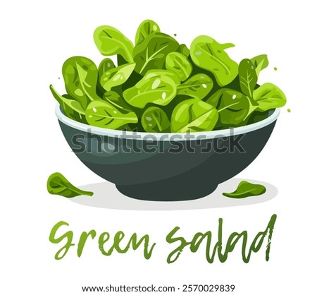 Vector illustration of a fresh and appealing leafy green salad in a dark bowl isolated on white background, healthy eating and various culinary concept theme. Vibrant green leaves with freshness
