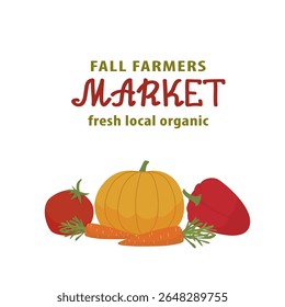 Vector illustration of fresh autumn vegetables including a pumpkin, tomato, carrot, and bell pepper. The vibrant colors highlight the theme of a fall farmers market with a focus on organic produce.