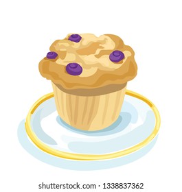 Vector illustration of fresh baked muffin with blueberries isolated on plate on white background