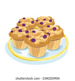 Vector illustration of fresh baked muffins with blueberries isolated on plate